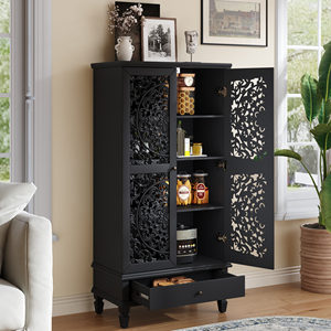 <b>Rustic</b> 55'' Tall Storage <b>Cabinet</b> With Drawer Decorative 2-Door Carved Wood Accent <b>Cabinet</b> Solid Wood Legs Living Room - Product Image 1