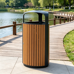 Bote de Basura Rectangular de Acero para Exteriores con Tapa Impermeable y Borde de Madera, <span class=keywords><strong>Sin</strong></span> Tapa, para Uso en Interiores/Exteriores - Product Image 2