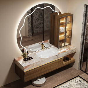 Meuble de salle de bain mural intelligent avec vasque en céramique sans joint, style hôtel, en marbre de luxe et pierre, et armoire à miroir. - Product Image 2