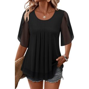 Womens Double Layered Tunic <b>Top</b> Half Sleeve Sheer <b>Flowy</b> Blouse Round Neck Casual Chiffon Shirt Everyday Wear - Product Image 2