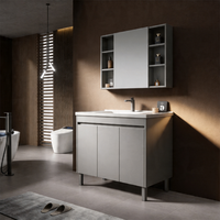 Meuble-lavabo mural flottant moderne avec armoire miroir, tiroirs à fermeture douce et étagères de rangement pour salle de bain