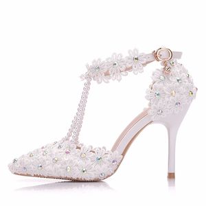 BS060 Scarpe da Sposa Bianche con Fiore in Pizzo 9cm, Sandali da <span class=keywords><strong>Donna</strong></span> con Cinturino alla Caviglia, Scarpe a Stiletto a Punta - Product Image 3