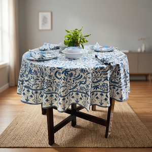 Classic Blue Floral Printed Round <b>Tablecloth</b> 100% Cotton Handmade Customizable <b>Wedding</b> Home Decor From Rajasthan - Product Image 3