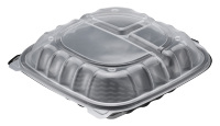 Wegwerp plastic bakje met 3 compartimenten, zwart transparant, scharnierend, voor afhaalmaaltijden/clamshell verpakking