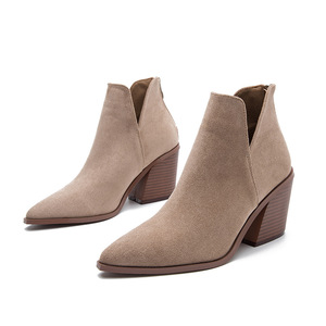 Bottines à bout pointu en daim à talon épais pour femme, style Martin, rehaussant la taille de 5 à 8 cm, avec fermeture éclair arrière, couleur unie, collection automne - Product Image 3