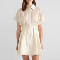 Robe d'été plissée courte en A, couleur ivoire, avec col chemise, manches courtes, boutonnage frontal et taille smockée, pour femme, vente en gros sur mesure