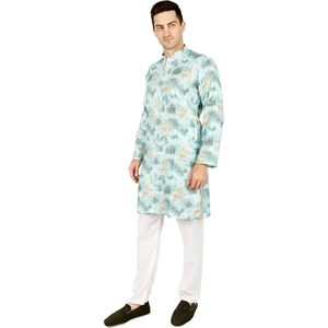 <b>Men</b> <b>Kurta</b> Pajama Set Cotton Digital Print Ethnic Indian Traditional Wear Diwali Occasion Wrinkle Free White Pants - Product Image 3