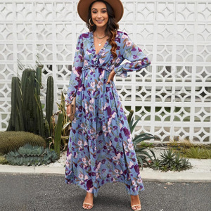 Floral Print Long Sleeve V Neck Maxi <b>Dress</b> <b>Elastic</b> Waist Breathable Party Casual <b>Dress</b> Women's Fashionable Elegant Evening <b>Dress</b> - Product Image 3