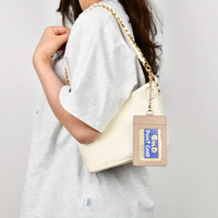 Porte-cartes d'identité en cuir PU, porte-clés en similicuir grain litchi avec fenêtre transparente et fermoir mousqueton