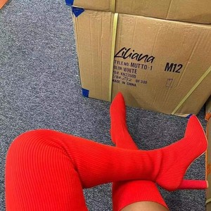 Stivali Sopra il Ginocchio da <span class=keywords><strong>Donna</strong></span> in Maglia a Costine Bianchi, Punta Affusolata, Tacco Grosso, Stivaletti Elasticizzati per Autunno Inverno - Product Image 2
