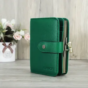 Full Grain Genuine Leather RFID Women Metal Frame Wallet ladies Card Holder Wallets And Purses for Women Fashionable