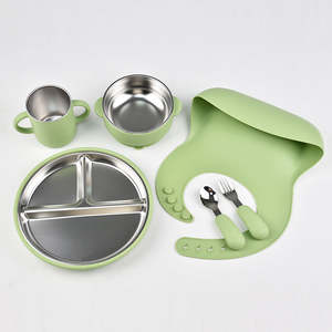 Nuevos <span class=keywords><strong>Productos</strong></span> para Niños, Juego de Alimentación Infantil de Silicona y Acero Inoxidable 304, Tenedor, Cuchara, Pajita, Vaso Antiderrames, Tazón de Comida, Plato con Succión - Product Image 4