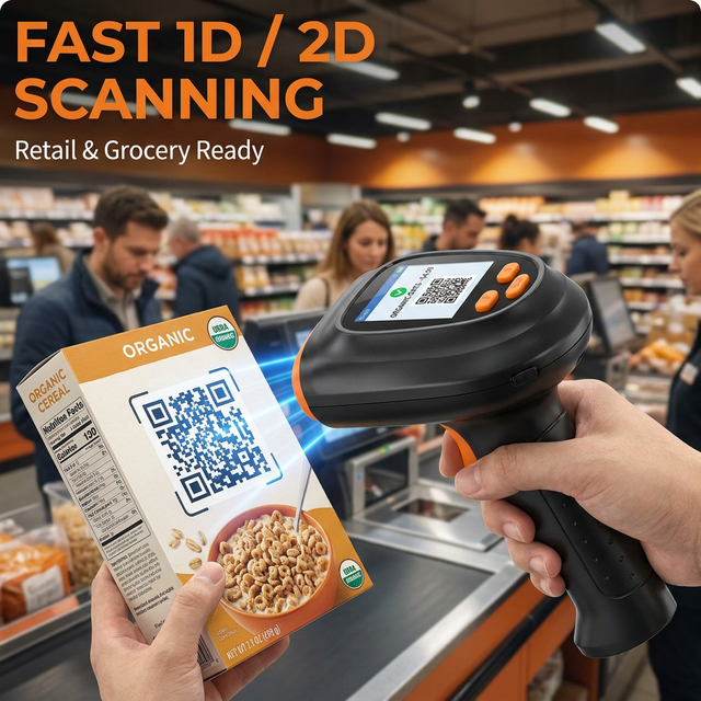 WCMI Handheld Rugged 2D CMOS QR Code Reader with Display | Bluetooth & USB Dual Mode Wireless Barcode Scanner for Store