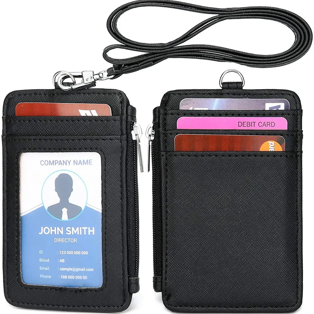Factory Direct Custom Leather Credit Card Holder Business Lanyard Zipper ID Card Holder Badge Holders