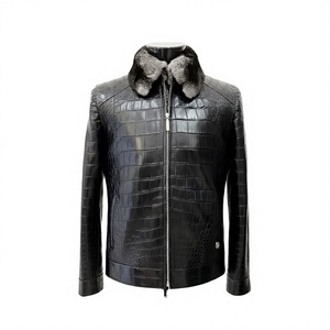 Veste en cuir véritable pour homme, motif crocodile, fermeture éclair, col en fourrure, manteau d'hiver - Product Image 3