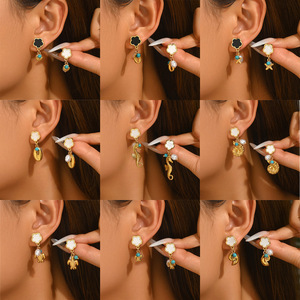 Geometric Five Leaf Clover Drop <b>Earrings</b> With Turquoise Inlay Stainless Steel Ear <b>Posts</b> Zinc Alloy Fashion Jewelry - Product Image 1