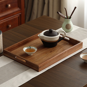Plateau à thé rectangulaire vintage en bois d'acacia, style japonais, en bois massif, avec poignée, design dessiné à la main, plateau de service commercial - Product Image 1