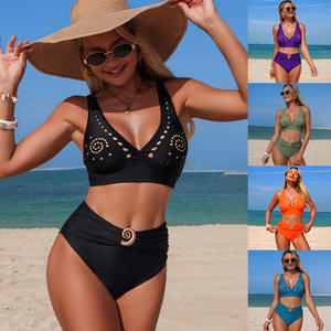 Women's Two Piece Swimsuit Deep V Neck Hollow Out <b>Bikini</b> Swimwear For Beach Water Sports Black Military Green Peacock Blue - Product Image 1