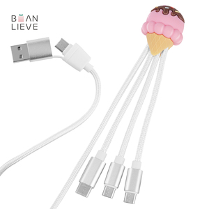 Cavo di Ricarica Multihead dal Design Originale a Forma di Gelato, Regalo Promozionale, Cavo USB Type-C Intrecciato in Nylon Carino 4 in 1 da 1m - Product Image 1