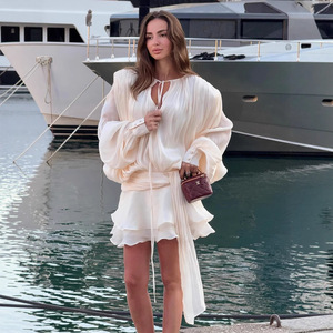 Vestido de Verano para Mujer, de Alta Calidad, Nuevo, de Gasa, Dulce, de <span class=keywords><strong>Manga</strong></span> <span class=keywords><strong>Larga</strong></span>, con Cuello en V, <span class=keywords><strong>Manga</strong></span> Farol, con Cordones, Corto, con Volantes en el Bajo - Product Image 3