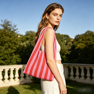 Borsa da Spiaggia Grande a Righe Colorate 2026, Borsa a Spalla all'<span class=keywords><strong>Uncinetto</strong></span> Fatta a Mano, Borsa Shopping Estiva Intrecciata a Contrasto Colore, Personalizzabile dalla Fabbrica - Product Image 5