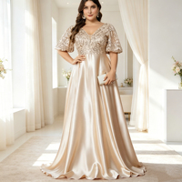 Robe de soirée de luxe personnalisée pour femme grande taille en satin champagne, coupe trapèze, manches bouffantes, broderie, longue, pour mère de la mariée