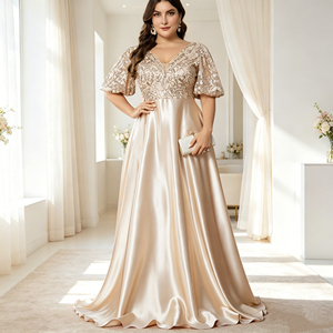 Abito da <span class=keywords><strong>sera</strong></span> di lusso in raso color champagne, taglie forti da donna, modello A-line con maniche a sbuffo, ricamato, lungo, per la <span class=keywords><strong>madre</strong></span> della sposa - Product Image 2