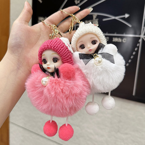 Llavero de peluche con forma de muñeca durmiente negra de ojos grandes y bonitos, con bola de pelo de conejo y pompón, para coche y bolso, para mujer - Product Image 3