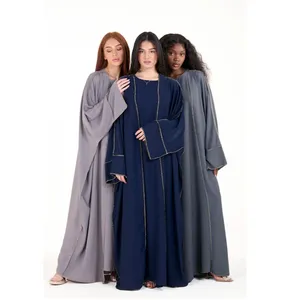 2024 Golden Open Abaya Inner Slip Dress Set wrinkle Dubai Abaya Women Muslim Dress