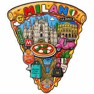 Imán de Madera con Forma Irregular de Milán, <span class=keywords><strong>Italia</strong></span>, Recuerdo de Viaje con Diseño del <span class=keywords><strong>Duomo</strong></span>, La Scala y Aperol Scooter, Regalo Turístico Italiano - Product Image 1