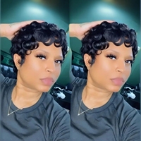 Perruques Bouclées Sans Colle avec Frange, Cheveux Humains Vierges Brésiliens Ondulés Naturels Noirs, Perruques Coupe Pixie Sans Dentelle pour Femmes
