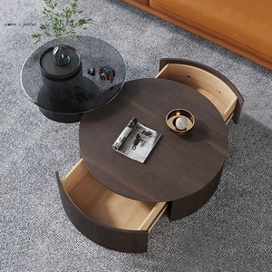 Modern Living Room Tea Temper Glass Top <strong>Round</strong> <strong>Pine</strong> Wooden Coffee <strong>Table</strong> Set Storage Drawer Center <strong>Table</strong> for the Living Room - Product Image 2