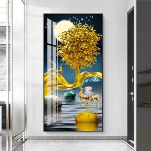 UNIART Peinture 3D Moderne de Luxe en Cristal, Paysage <span class=keywords><strong>Arbre</strong></span> Doré Famille d'Éléphants Cerfs, <span class=keywords><strong>Toile</strong></span> Imprimée UV, Décoration Murale pour Salon - Product Image 2