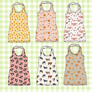 Abito da bambina alla moda con stampa floreale/animale, senza maniche, senza schienale, in tessuto di seta latte, personalizzabile, lunghezza al ginocchio - Product Image 1