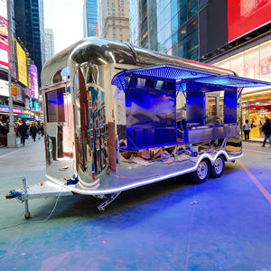 รถพ่วงจัดเลี้ยงแบบกระจกเงาทรงโค้งพร้อมหลังคาสีน้ำเงินเรืองแสง เหมาะสำหรับธุรกิจกาแฟและอาหารจานด่วน - Product Image 1