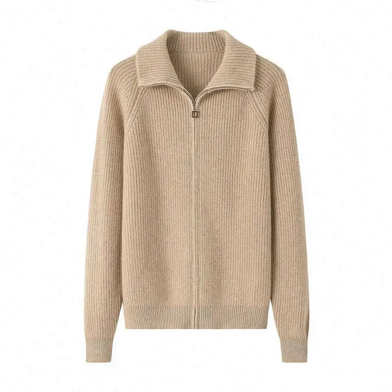 Custom Lapel Solid Color Men Pure Knitted Cashmere Full Zipper Cardigan Thickened Cashmere Sweater