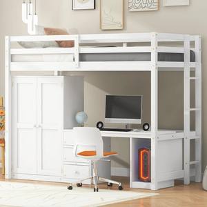 Lit pour enfants Loft avec armoire, bureau et tiroirs de rangement-Taille jumelle, meubles de chambre d'enfant peu encombrants - Product Image 5