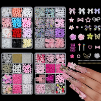 12Grids Resin Ribbon Bow Nail Parts Accessories Butterfly Pearl Decor DIY Y2K Nail Art Rhinestone Flower Gem Nail Charm Set