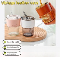 YEKEA Tasse de voyage en verre 400 ml, résistante à la chaleur, avec manchon en cuir, style américain, cadeau de rentrée scolaire, couvercle, paille, coton perlé