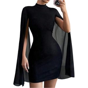 Robe de cocktail pour femme, manches cape, col montant, robe moulante en tricot côtelé, mini-robe élégante, tissu asymétrique translucide - Product Image 1