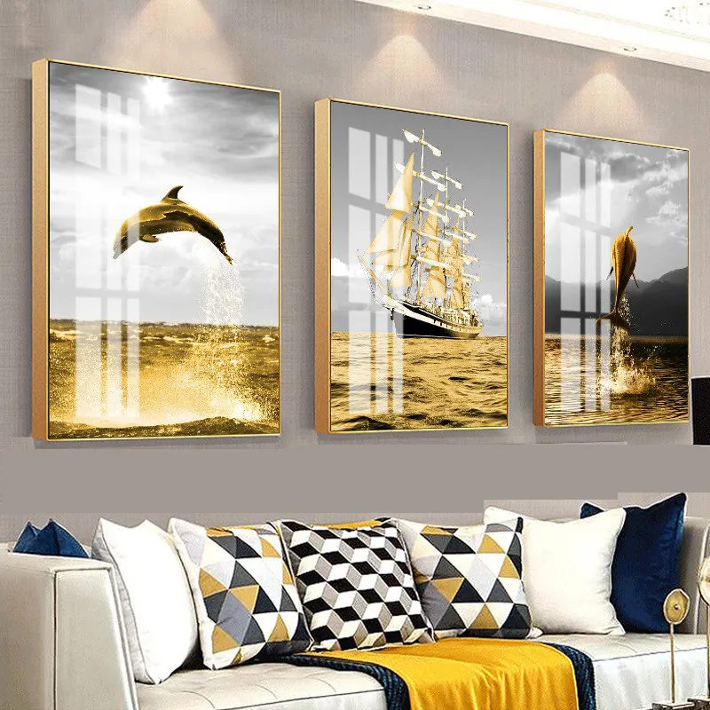 Popolare delfino e barca a vela decorazione soggiorno pittura stampa tre pezzi Set di pittura porcellana di cristallo