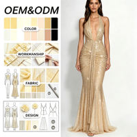 Robe de soirée sirène longue personnalisée OEM ODM avec col halter, décolleté plongeant, sequins, fronces et maille scintillante intégrale pour femme