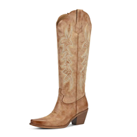 Bottes hautes élégantes en PU à bout pointu pour femme, broderie vintage 2026, talon épais, style cowboy, vente en gros personnalisée