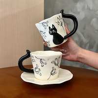 Ensemble tasse et soucoupe en céramique noire gaufrée chat, avec poignée unique en forme de queue de chat, en porcelaine, pour café, maison, cadeau