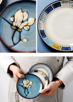 Assiettes de service rétro en céramique peintes à la main, motif rayé, plusieurs couleurs, compatibles micro-ondes, avec glaçure transformée au four, vente en gros