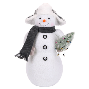 Luxury White Trapper Hat Snowman Plushie with Mini Xmas <b>Tree</b> for Stylish Winter Boutique Decor Bulk - Product Image 1