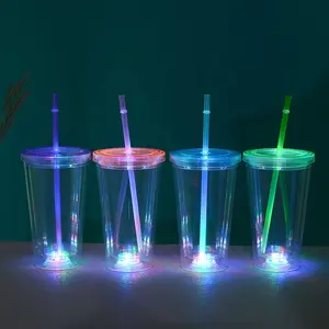 LED With Transparent Light Emitting Double Layer Plastic Straw Cup PS Gift Cup 16Oz Dazzling Color Cup