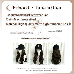 Perruque de 22 pouces de long, cheveux synthétiques lisses naturels, semi-nouée à la main, avec filet en maille rose, <span class=keywords><strong>style</strong></span> casquette de baseball, broderie lettre <span class=keywords><strong>R</strong></span>, <span class=keywords><strong>r</strong></span>églable, noire - Product Image 4