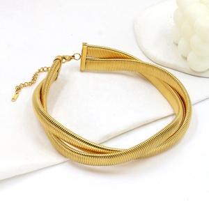 Phụ Nữ Đồ Trang Sức Thời Trang Bộ 18K Mạ Vàng Thép Không Gỉ Hai Lớp Dày Chuỗi Bện Choker Vòng Cổ Vòng Đeo Tay Bangle Bộ - Product Image 5