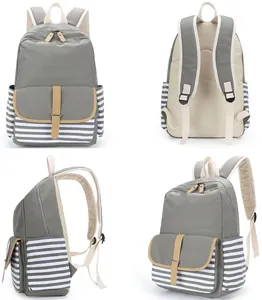 Wholesale Student Casual Satchel Rucksack 2 Tone Bookbag Striped Knapsack Girls Travel College Laptop Tote Canvas Backpack Bag